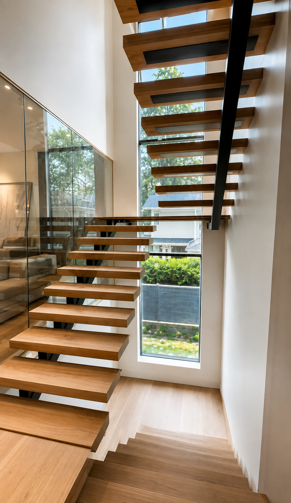 Two flights of floating oak stair treads on a black steel spine with glass railing in a Metro Vancouver home